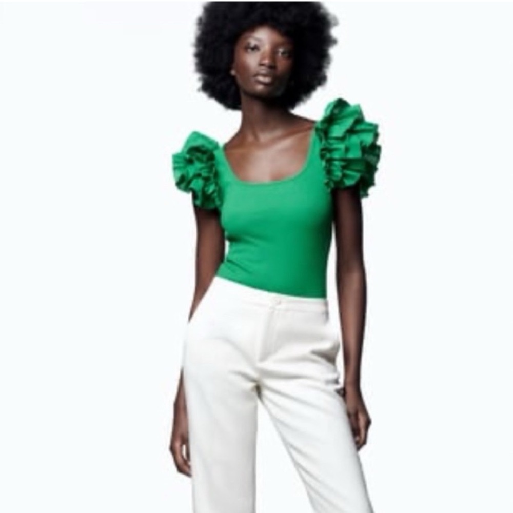 πΏ ZARA GREEN BUTTERFLY SLEEVE RIBBED BODYSUIT! - Picture 12 of 16